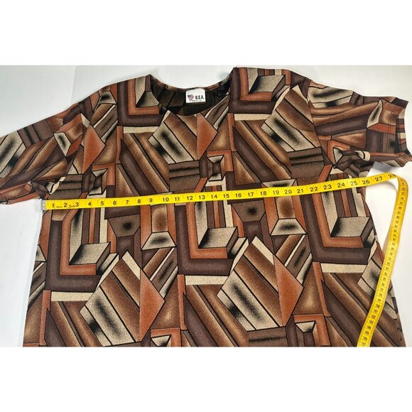 Vintage USA Women’s Blouse 2XL Brown Geometric Print Shoulder Pads Stretch - Picture 3 of 7